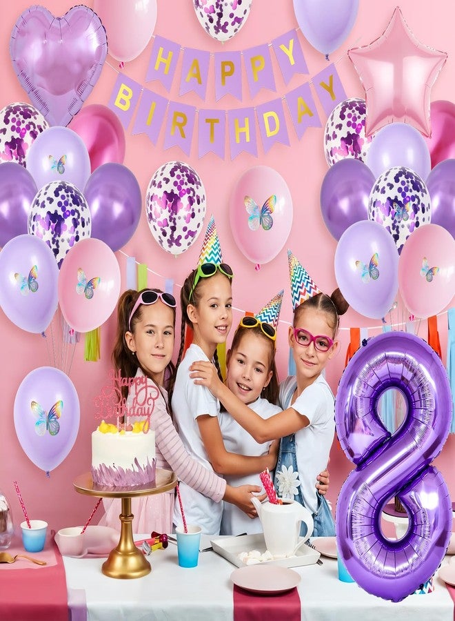 Vibzox 8th Birthday Decorations for Girl,Pink Purple 8th Butterfly Decoration Birthday Balloons Pink Purple Banner Number 8 Balloons Cake Topper Butterfly Party Supplies for Girls - Image 4